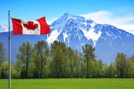 Canadian flag in front of a mountain landscape